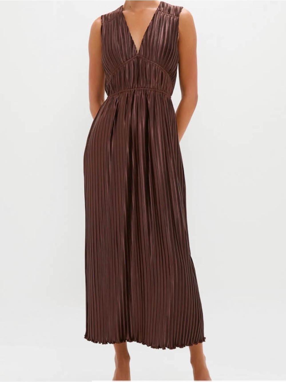 English Factory Brown Pleated V-Neck Midi Dress
